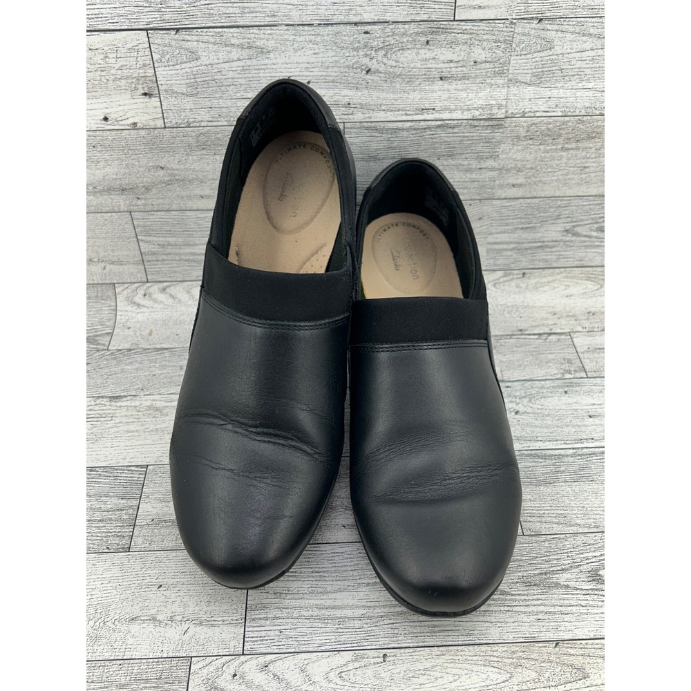 Clarks Collection Ultimate Comfort Black Leather Slip On Block Heel Shoes 8 W